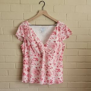 NWOT LOFT Flutter Sleeve Pink and White Ruffled Blouse Sz 12